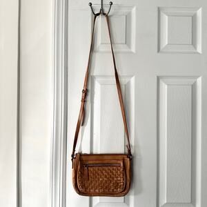Vilenca Holland Tan Brown Woven Leather Slim Front Zip Pocket Crossbody Bag